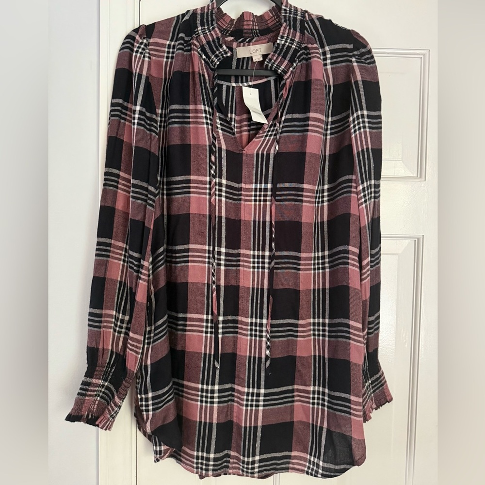 Loft Pink Black Metal Metallic Paid Long Sleeve Tie Front Blouse SZ M